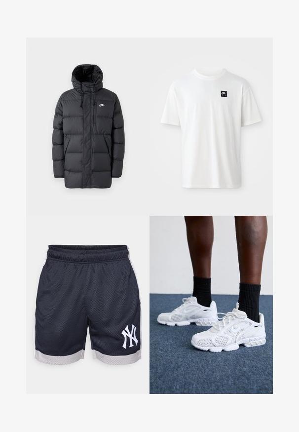Črna puffer jakna s kapuco, z zadrgo spredaj, elastičnimi manšeti, stranskimi žepi in majhnim logotipom na prsih. Teksturiran, prešit dizajn.; Bela bomba iz 100% bombaža s kratkimi rokavi in okroglim izrezom; na levem prsnem delu ima majhen črn pravokotni logotip Nike Air.; Morska mrežasta športna kratka hlače z elastičnim pasom, belimi stranskimi poudarki ter izvezenim logotipom New York Yankees na levem stegnu.; Bela športna obutev z mrežasto zgornjim delom, teksturiranimi detajli in oblazinjenim podplatom. V kombinaciji s črnimi rebrastimi gležnjarji na modri preprogi.