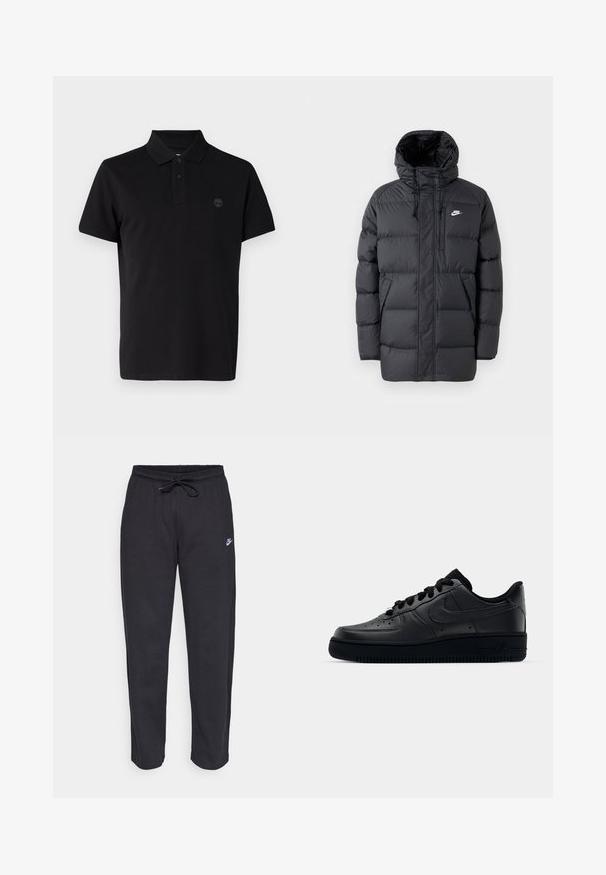 Svart boblejakke med hette, med glidelås i front, elastiske mansjetter, sidelommer og en liten logo på brystet. Strukturert, quiltet design.; Svart polo skjorte med en brettet krage, to knappelukkinger og en brodert logo på venstre side av brystet. Korte ermer.; Sorte sweatpants laget av mykt stoff med elastisk midjebånd, snøring og en liten Nike-logo på venstre lår.; Svart Nike Air Force 1-sneaker med en glatt skinnoverdel, perforert tå for pusteevne, svarte snørebånd og en teksturert gummisåle.