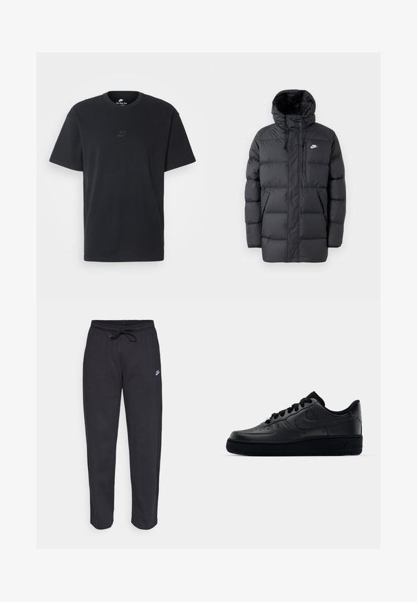 Melnā pūkainā jaka ar kapuci, kura aprīkota ar rāvējslēdzēju priekšā, elastīgiem cuffiem, sānu kabatām un nelielu logo uz krūtīm. Tekstūrēts, quiltēts dizains.; Nike melns kokvilnas T-krekls ar klasisku piegriezumu, īsām piedurknēm un smalku, reljefu logotipu uz krūškurvja. Gluda tekstūra.; Melnas sporta bikses, kas izgatavotas no mīksta auduma, ar elastīgu jostu, auklu un mazu Nike logo uz kreisā augšstilba.; Melni Nike Air Force 1 apavi ar gludu ādas virsu, perforētu purngalu gaisa caurlaidībai, melnām šņorēm un teksturētu gumijas zoli.
