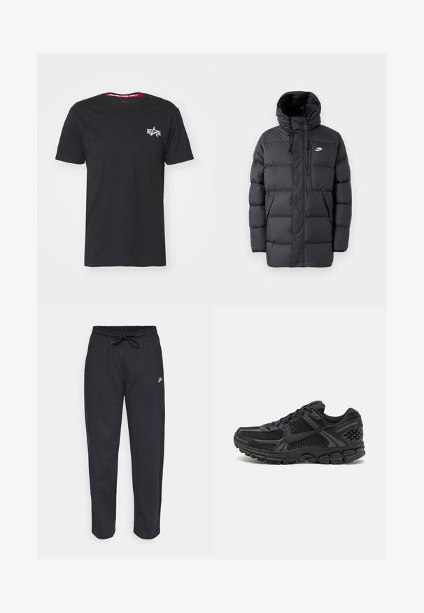 Černá péřová bunda s kapucí, má zip vpředu, elastické manžety, boční kapsy a malé logo na prsou. Texturovaný, prošívaný design.; Černé bavlněné tričko s krátkými rukávy. Má malé bílé logo na levé straně hrudi a kontrastní červený vnitřní límec.; Černé tepláky vyrobené z měkké tkaniny s elastickým pasem, šňůrkou na stažení a malým logem Nike na levém stehně.; Černá sportovní bota s síťovinovým svrškem, gumovou podrážkou a texturovanými akcenty. Design zahrnuje výrazný systém šněrování a polstrovanou podrážku.