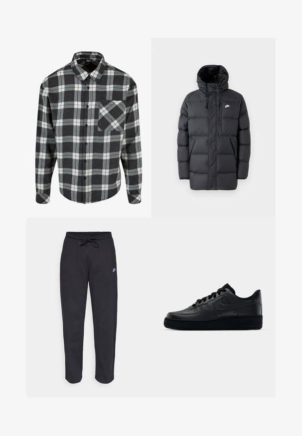 Black puffer jacket with a hood, featuring a zip front, elastic cuffs, side pockets, and a small logo on the chest. Textured, quilted design.; Plaid shirt in black, gray, and white. Made of flannel, featuring a buttoned front, a pointed collar, and a chest pocket with a matching pattern.; Black sweatpants made of soft fabric with an elastic waistband, drawstring, and a small Nike logo on the left thigh.; Black Nike Air Force 1 sneaker with a smooth leather upper, perforated toe for breathability, black laces, and a textured rubber sole.