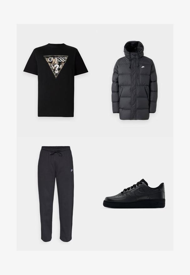Schwarze Pufferjacke mit Kapuze, mit Reißverschluss vorne, elastischen Bündchen, Seitentaschen und einem kleinen Logo auf der Brust. Strukturierte, gesteppte Optik.; Schwarzes Baumwoll-T-Shirt mit einem dreieckigen Drucklogo in Gold und Weiß, geschmückt mit floralen Akzenten und dem Text "GUESS" in der Mitte.; Schwarze Sweatpants aus weichem Stoff mit elastischem Bund, Kordelzug und kleinem Nike-Logo auf dem linken Oberschenkel.; Schwarzer Nike Air Force 1 Schuh mit einem glatten Lederoberteil, perforierter Zehenpartie für Atmungsaktivität, schwarzen Schnürsenkeln und einer strukturierten Gummisohle.