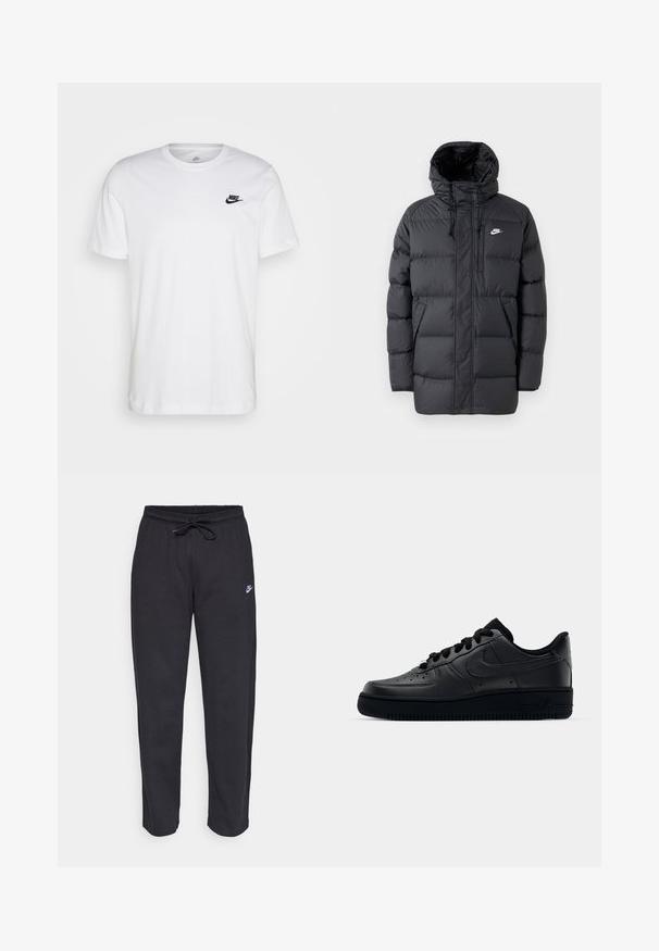 Čierna nafúknutá bunda s kapucňou, s predným zipsom, elastickými manžetami, bočnými vreckami a malým logom na hrudi. Textúrovaný, prešívaný dizajn.; Biela bavlnená tričko s okrúhlym výstrihom, krátkymi rukávmi a čiernym logom Nike na ľavej hrudi. Jednoduchý, jednofarebný dizajn.; Čierne tepláky vyrobené z mäkkej tkaniny s elastickým pásom, sťahovacou šnúrkou a malým logom Nike na ľavom stehne.; Čierne tenisky Nike Air Force 1 s hladkým koženým zvrškom, perforovanou špičkou pre priedušnosť, čiernymi šnúrkami a textúrovanou gumovou podrážkou.