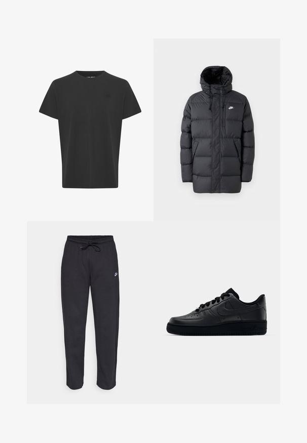 Czarna puchowa kurtka z kapturem, z zamkiem z przodu, elastycznymi mankietami, kieszeniami bocznymi i małym logo na klatce piersiowej. Teksturowany, pikowany wzór.; Czarna, krótko rękawowa koszulka z bawełny. Posiada okrągły dekolt oraz małe logo w lewym górnym rogu, gładka struktura.; Czarne dresy wykonane z miękkiego materiału, z elastycznym pasem, sznurkiem do ściągania i małym logo Nike na lewej udzie.; Czarne sneakersy Nike Air Force 1 z górną częścią wykonaną z gładkiej skóry, perforowanym noskiem dla lepszej wentylacji, czarnymi sznurówkami oraz teksturowaną gumową podeszwą.