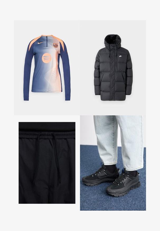 Giacca a vento nera con cappuccio, dotata di chiusura con zip frontale, polsini elasticizzati, tasche laterali e un piccolo logo sul petto. Design trapuntato e strutturato.; Maglietta da allenamento Nike a maniche lunghe blu e pesca con il logo dell'FC Barcelona e il logo di Spotify, colletto con zip e motivo a linee astratte.; Shorts neri con vita regolabile tramite coulisse, tessuto leggero con una texture liscia e un design semplice senza loghi o motivi visibili.; Scarpe sportive nere con tessuto testurizzato e suole in gomma, dotate di lacci elastici e un accento blu sul tallone. Indossate con pantaloni in denim chiaro.
