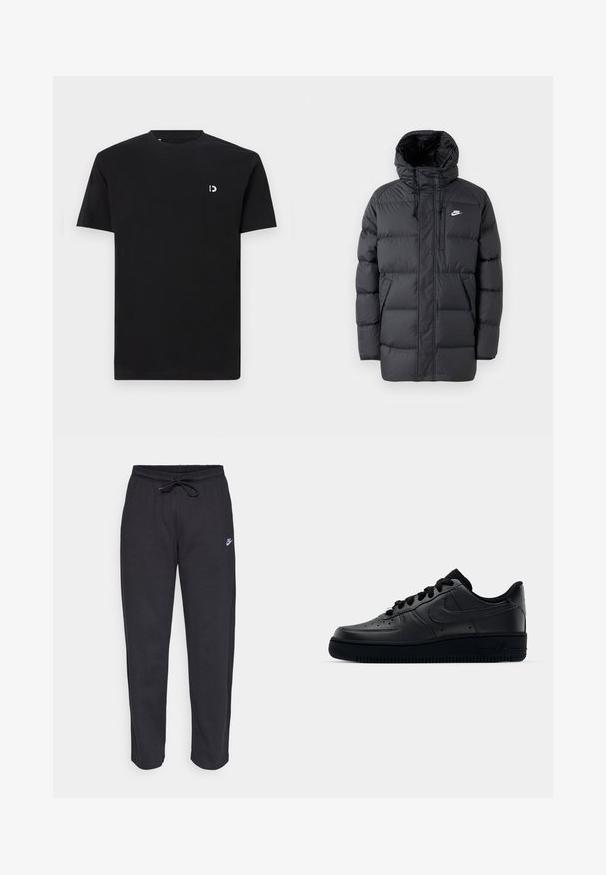 Crna puffer jakna s kapuljačom, s patentnim zatvaračem sprijeda, elastičnim manžetama, bočnim džepovima i malim logotipom na prsima. Tekstura s kviltovima.; Crna pamučna majica s kratkim rukavima, okruglim izrezom i malim bijelim logotipom na lijevoj strani prsnog područja. Glatka tekstura, jednostavan dizajn.; Crne trenirke od mekog materijala s elastičnom gumom u struku, kaptastom vezicom i malim Nike logom na lijevom butu.; Crne Nike Air Force 1 tenisice s glatkim gornjim dijelom od kože, perforiranom prednjom stranom za prozračnost, crnim vezicama i teksturiranim gumiranim potplatom.