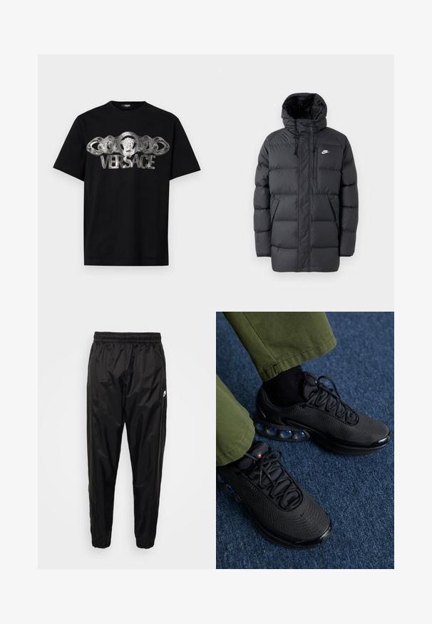Black puffer jacket with a hood, featuring a zip front, elastic cuffs, side pockets, and a small logo on the chest. Textured, quilted design.; Black cotton t-shirt featuring a silver Versace logo with a lion medallion and chain design across the front. Classic crew neck style.; Black track pants made of lightweight, shiny material with an elastic waistband, tapered fit, and zippered pockets. Features a logo accent.; Black athletic shoes with a mesh upper, textured surface, and visible air cushioning pods. Paired with olive green pants and black socks.