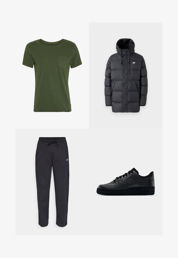 Svart boblejakke med hette, med glidelås i front, elastiske mansjetter, sidelommer og en liten logo på brystet. Strukturert, quiltet design.; Grønn bomull t-skjorte med korte ermer, rund hals og brystlomme. Har minimal søm og en jevn, myk tekstur.; Sorte sweatpants laget av mykt stoff med elastisk midjebånd, snøring og en liten Nike-logo på venstre lår.; Svart Nike Air Force 1-sneaker med en glatt skinnoverdel, perforert tå for pusteevne, svarte snørebånd og en teksturert gummisåle.