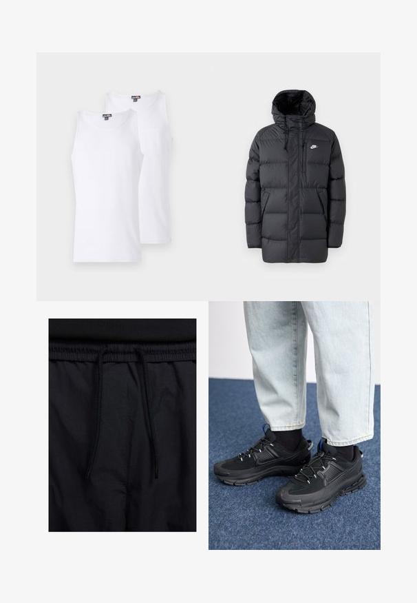 Černá péřová bunda s kapucí, má zip vpředu, elastické manžety, boční kapsy a malé logo na prsou. Texturovaný, prošívaný design.; Bílé bavlněné tílka v balení po dvou, s kulatým výstřihem a slim fit. Jemný detail loga na hrudi. Měkká textura.; Černé šortky s páskem na šňůrku, lehký materiál s hladkou texturou a jednoduchý design bez viditelných log nebo vzorů.; Černé sportovní boty s texturovanou tkaninou a gumovou podrážkou, s elastickými tkaničkami a modrým akcentem na patě. Nosí se s světlými džíny.