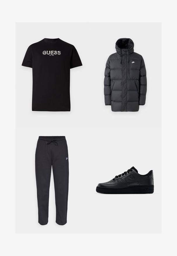 Casaco de puffer preto com capuz, apresentando fecho éclair à frente, punhos elásticos, bolsos laterais e um pequeno logótipo no peito. Design texturizado e acolchoado.; T-shirt de algodão preto com mangas curtas, apresentando um logótipo gráfico branco "GUESS" e o texto "EST. 1981" abaixo. Gola redonda, ajuste casual.; Calças de treino pretas feitas de tecido suave, com faixa elástica na cintura, cordão regulador e um pequeno logótipo da Nike na coxa esquerda.; Sapatilha Nike Air Force 1 preta com parte superior em couro liso, bico perfurado para respirabilidade, atacadores pretos e sola de borracha texturizada.