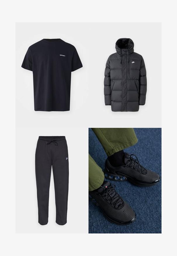 Juodas pūkinis paltas su kapuci, su užtrauktuku priekyje, elastiniais rankogaliais, šoninėmis kišenėmis ir mažą logotipą krūtinėje. Struktūruotas, siuvinėtas dizainas.; Juodas medvilnės marškinėliai trumpomis rankovėmis, apvaliu kaklu ir subtiliu baltu logotipu kairėje krūtinės pusėje. Lygus paviršius, standartinė forma.; Juodos sportinės kelnės, pagamintos iš minkštos medžiagos, su elastinga juostele, raišteliu ir mažuoju Nike logotipu kairiajame šlaunyje.; Juodi sportiniai batai su tinkliniais įdėklais, tekstūruota paviršiumi ir matomais oro pagalvėlėmis. Derinami su alyvuogių spalvos kelnėmis ir juodomis kojinėmis.