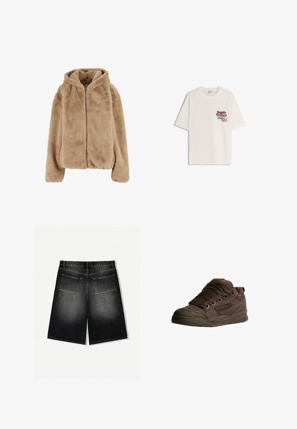 Kurtka z kapturem z sztucznego futra w jasnym beżu, z zapięciem na zamek, swobodnym krojem oraz miękką teksturą z gładką podszewką.; Biała bawełniana koszulka z krótkim rękawem i okrągłym dekoltem. Posiada nadruk w czerwono-czarnym tekście na lewej stronie klatki piersiowej.; Dżinsowe szorty w czarnym odcieniu gradientu, o luźnym kroju, z dwiema tylnymi kieszeniami z żółtym przeszyciem i prostym krojem kończącym się na wysokości połowy uda.; Brązowe buty sportowe wykonane z gładkiego materiału syntetycznego. Oferują grube sznurówki, siateczkowe akcenty, wyściełany kołnierz oraz teksturowaną gumową podeszwę.