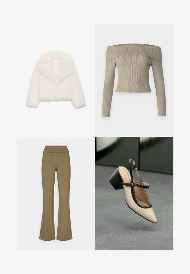 Witte nepbont cropped jas met een brede kraag, lange mouwen en een gestructureerd oppervlak; beschikt over een verborgen sluiting aan de voorkant en een zachte voering.; Beige off-the-shoulder ribbeltricot top met lange mouwen en aansluitend ontwerp. Bevat een klein logo-accent aan de zoom.; Olijfgroene flarebroeken van zachte stof met een hoge tailleband. Heeft een gladde textuur en geen zichtbare patronen of hardware-accenten.; Beige puntige slingback schoen met zwarte rand, gouden gesp en een chunky blokhak op een grijze vloer met een donker groene achtergrond.