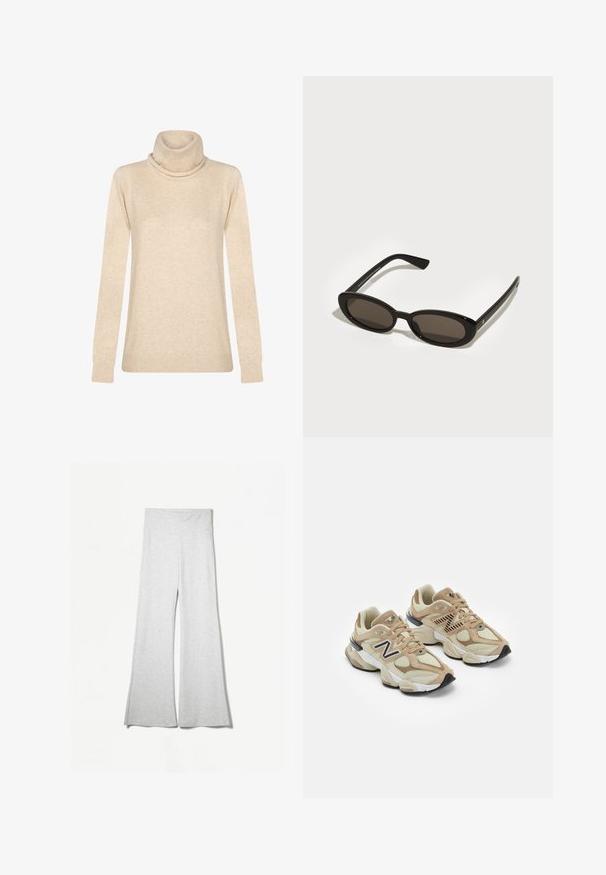 Bílá umělá kožešinová cropped bunda s širokým límcem, dlouhými rukávy a texturovaným povrchem; má skryté zapínání vboku a měkkou podšívku.; Beige rolák vyrobený z měkké tkaniny. Má dlouhé rukávy, skládací límec a žebrované manžety a lem. Jednoduchý, čistý design.; Světlé šedé kalhoty s širokými nohavicemi vyrobené z měkké látky, s vysokým pasem a bočními rozparky pro větší volnost a pohodlí.; Béžové tenisky vyrobené z materiálů síťoviny a semiše. Obsahují černé logo a texturované prvky. Silná bílá mezipodešev a černá gumová podrážka.; Černé sluneční brýle s oválnými, polorámovými čočkami. Lesklé rámy a štíhlé nožičky. Tmavě zabarvené čočky s minimem kovových detailů.