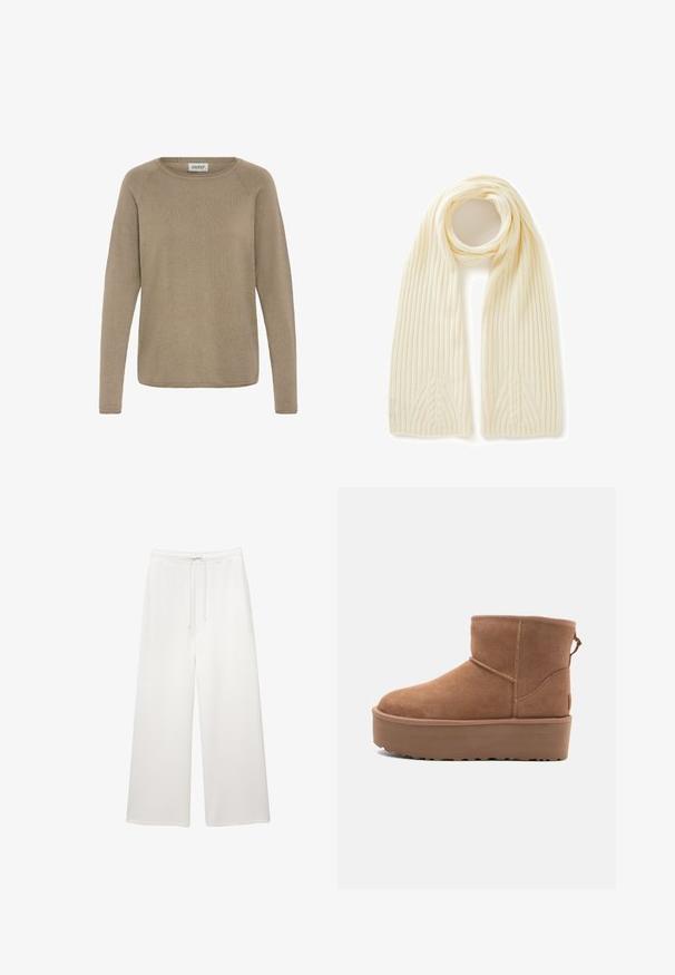 Veste courte en fausse fourrure blanche avec un large col, des manches longues et une surface texturée ; dotée d'une fermeture frontale discrète et d'un intérieur doux.; Pull léger beige à manches longues en tissu doux, avec un col rond et une texture côtelée. Design simple, sans embellissements.; Pantalons larges blancs amples avec taille élastique et cordon de serrage, conçus pour un look décontracté.; Bottine en suède tan avec une semelle plate-forme, un bout arrondi et des accents de couture ; elle est dotée d'une languette à l'arrière pour un enfilage facile.; United Colors of Benetton WITH CABLE - Écharpe - white; Sac hobo en daim marron avec une poignée large et incurvée et une grande ouverture. Texture douce avec des détails de couture visibles le long des bords.