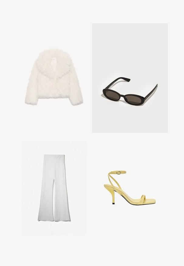 Bílá umělá kožešinová cropped bunda s širokým límcem, dlouhými rukávy a texturovaným povrchem; má skryté zapínání vboku a měkkou podšívku.; Bílé tričko s dlouhým rukávem a širokým výstřihem, vyrobené z měkké tkaniny. Hladký povrch, rovný lem, bez viditelných doplňků nebo vzorů.; Světlé šedé kalhoty s širokými nohavicemi vyrobené z měkké látky, s vysokým pasem a bočními rozparky pro větší volnost a pohodlí.; Žluté kožené sandály na podpatku s otevřenou špičkou a tenkým popruhem kolem kotníku, s lesklým povrchem a černým akcentem na podpatku.; Černé sluneční brýle s oválnými, polorámovými čočkami. Lesklé rámy a štíhlé nožičky. Tmavě zabarvené čočky s minimem kovových detailů.