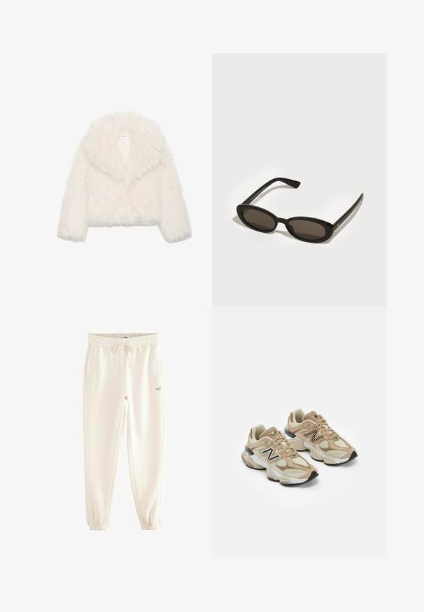 Weiße Kunstpelz-gekürzte Jacke mit breitem Kragen, langen Ärmeln und strukturierter Oberfläche; verfügt über einen verdeckten Frontverschluss und ein weiches Innenfutter.; Langärmliges weißes Hemd mit weitem Ausschnitt, aus weichem Stoff. Sanfte Textur, gerader Saum und keine sichtbaren Beschläge oder Muster.; Cremefarbene Jogginghose aus weichem Stoff, mit elastischem Bund, Kordelzug, Seitentaschen und gerippten Bündchen. Bedrucktes "self."-Logo.; Beige Sneaker aus Mesh- und Wildledermaterialien. Mit einem schwarzen Logo und strukturierten Akzenten. Dicke weiße Zwischensohle und schwarze Gummisohle.; Schwarze Sonnenbrille mit ovalen, halbrandlosen Gläsern. Glänzende Rahmen und schlanke Bügel. Dunkel getönte Gläser mit minimalen Hardware-Details.; Schwarze Tragetasche aus glattem, strukturiertem Leder, mit abgerundetem oberen Teil und zwei langen Griffen. Verfügt über eine winklige Basis für Stabilität und ein strukturiertes Design.