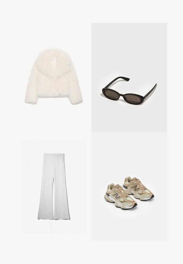 Hvid faux fur cropped jakke med en bred krave, lange ærmer og tekstureret overflade; har en skjult frontlukning og blød foering.; Langærmet hvid skjorte med vid halsudskæring, lavet af blødt stof. Glat tekstur, lige kant og ingen synlig hardware eller mønstre.; Lys grå brede bukser lavet af blødt stof, med en højtalje og sideslidser for ekstra bevægelse og komfort.; Beige sneakers med mesh og suede materialer. Har et sort logo og teksturerede accenter. Tyk hvid mellemsål og sort gummisål.; Sorte solbriller med ovale, semi-besluttede linser. Glansfulde stel og slanke arme. Mørkt tonede linser med minimale hardwaredetaljer.