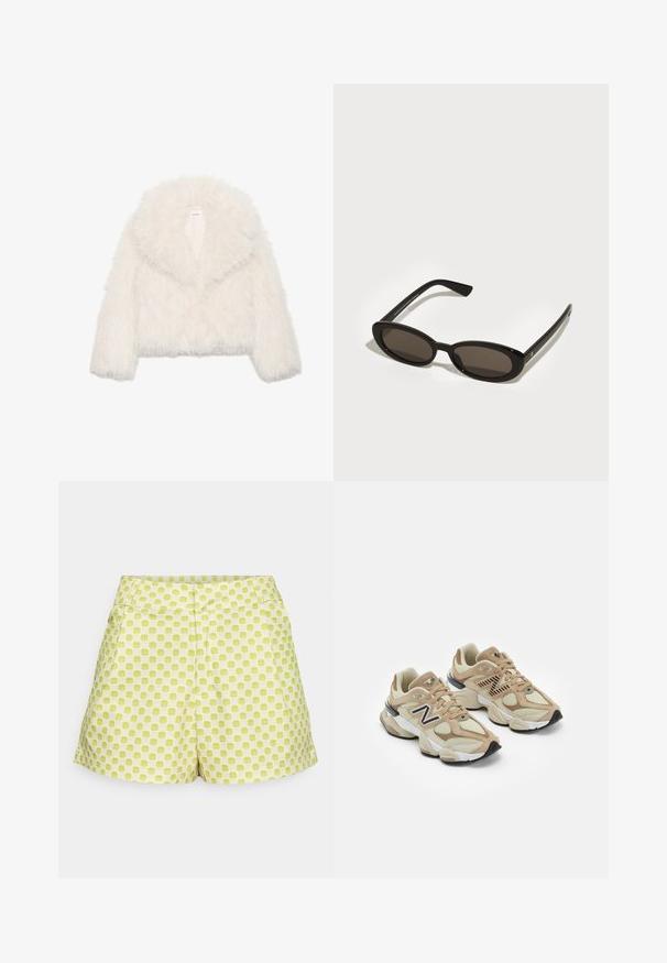 Chaqueta corta de felpa blanca con cuello ancho, mangas largas y superficie texturizada; cuenta con un cierre frontal oculto y un forro suave.; Camisa blanca de manga larga con un escote amplio, hecha de una tela suave. Textura lisa, dobladillo recto y sin hardware o patrones visibles.; Pantalones cortos verdes con un diseño a cuadros, con una cintura de altura media, dos bolsillos delanteros y una textura de tela de algodón suave.; Zapatillas beige con materiales de malla y ante. Presenta un logo negro y acentos texturizados. Suela media blanca gruesa y suela exterior negra de goma.; Gafas de sol negras con lentes ovalados y semi-montura. Montura brillante y brazos elegantes. Lentes de tintado oscuro con detalles de hardware mínimos.