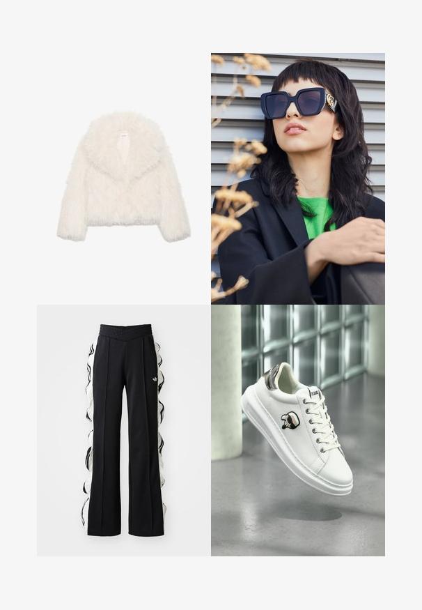 Witte nepbont cropped jas met een brede kraag, lange mouwen en een gestructureerd oppervlak; beschikt over een verborgen sluiting aan de voorkant en een zachte voering.; Witte blouse met lange mouwen en een brede halslijn, gemaakt van zachte stof. Soepele textuur, rechte zoom en geen zichtbare hardware of patronen.; Zwarte sportieve pantalons met een gestructureerde tailleband, voorzien van witte zijpanelen en ruche-details, en een geborduurd logo aan de voorkant.; Witte Karl Lagerfeld sneaker met vetersluiting, zwart en beige logo patch en metallic zilveren hiel tab, zwevend boven een grijze vloer.; Overgedimensioneerde zwarte zonnebril met een dikke rand en gouden accent, gedragen met een zwarte blazer en felgroen shirt, tegen een horizontale achtergrond.