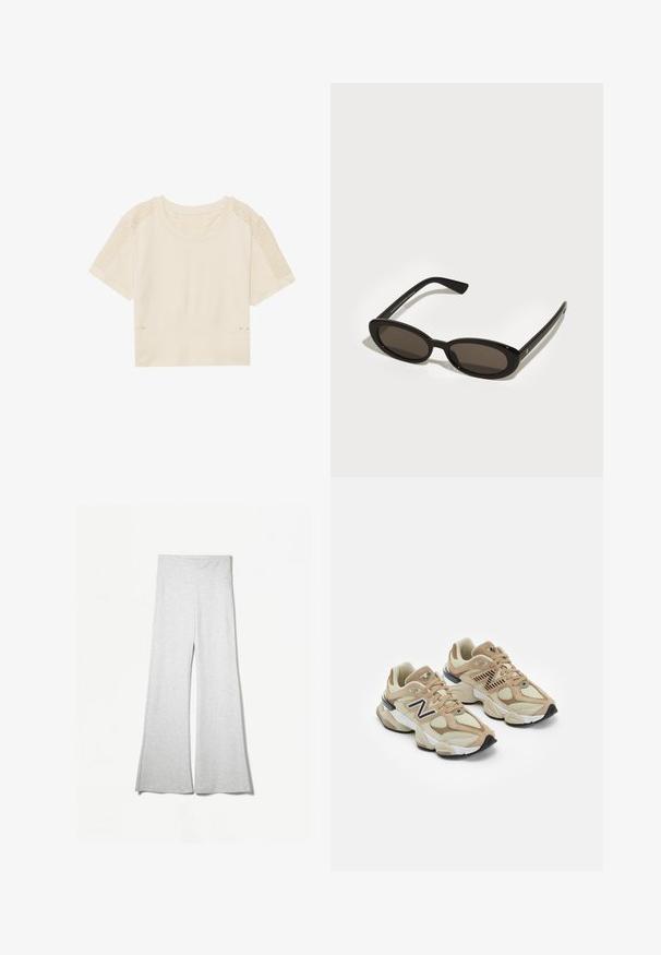 Valkoinen tekokarvainen lyhyt takki, jossa on leveä kaulus, pitkät hihat ja tekstuuripinta; sisältää piilossa olevan etulukituksen ja pehmeän vuoren.; Vaaleanbeige lyhythihainen cropped t-paita. Sisältää verkkokankaisia teksturoituja paneeleita olkapäissä ja ribbausvyön, jossa on kaksi pientä kultasävyistä yksityiskohtaa.; Vaaleanharmaat leveät housut, jotka on valmistettu pehmeästä kankaasta. Housuissa on korkea vyötärö ja sivuaukot lisäämään ilmavuutta ja mukavuutta.; Beige lenkkarit, joissa on verkko- ja mokkanahkamateriaaleja. Varustettu mustalla logolla ja teksturoiduilla yksityiskohdilla. Paksu valkoinen välikeen ja musta kumipohja.; Mustat aurinkolasit, joissa on ovaalit, puolivartiset linssit. Kiiltävät kehykset ja suorat varret. Tummennetut linssit, joissa on minimaalinen varustelu.