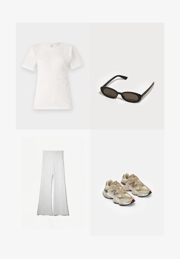 Hvid faux fur cropped jakke med en bred krave, lange ærmer og tekstureret overflade; har en skjult frontlukning og blød foering.; Hvid kortærmet t-shirt lavet af blød bomuld, med en simpel rund halsudskæring og diskret sidefrynser for en afslappet pasform.; Lys grå brede bukser lavet af blødt stof, med en højtalje og sideslidser for ekstra bevægelse og komfort.; Beige sneakers med mesh og suede materialer. Har et sort logo og teksturerede accenter. Tyk hvid mellemsål og sort gummisål.; Sorte solbriller med ovale, semi-besluttede linser. Glansfulde stel og slanke arme. Mørkt tonede linser med minimale hardwaredetaljer.