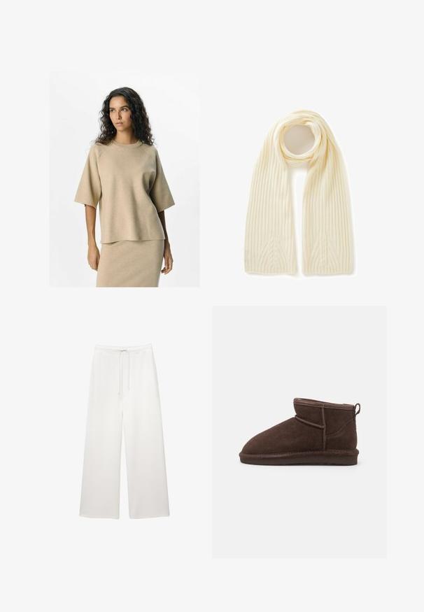 Veste courte en fausse fourrure blanche avec un large col, des manches longues et une surface texturée ; dotée d'une fermeture frontale discrète et d'un intérieur doux.; Un haut en tricot beige à manches courtes et col rond, avec une coupe décontractée et une texture lisse. Associé à une jupe assortie.; Pantalons larges blancs amples avec taille élastique et cordon de serrage, conçus pour un look décontracté.; Bianco BIASNOW - Boots à talons - dark brown; United Colors of Benetton WITH CABLE - Écharpe - white; Sac hobo en daim marron avec une poignée large et incurvée et une grande ouverture. Texture douce avec des détails de couture visibles le long des bords.