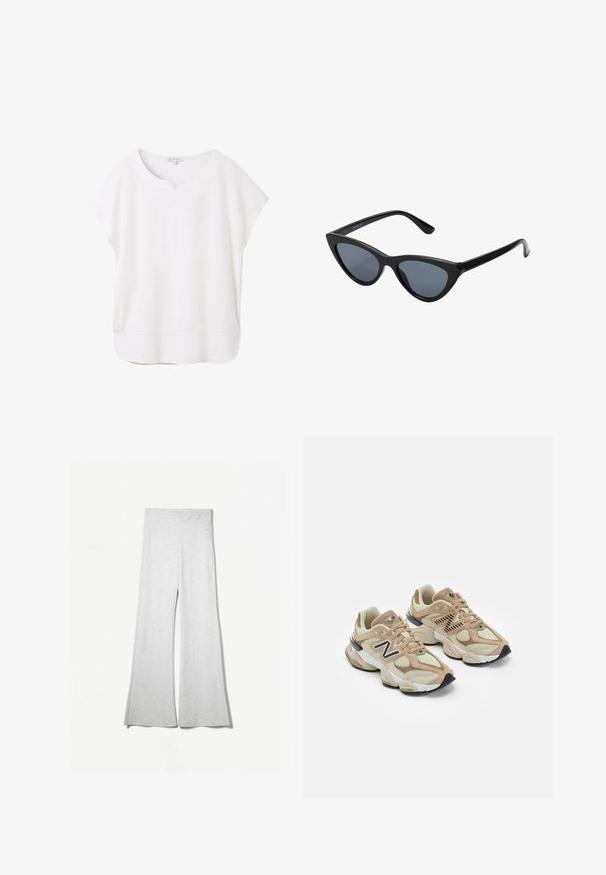 Valkoinen tekokarvainen lyhyt takki, jossa on leveä kaulus, pitkät hihat ja tekstuuripinta; sisältää piilossa olevan etulukituksen ja pehmeän vuoren.; Valkoinen lyhythihainen paita, joka on valmistettu pehmeästä kankaasta. Siinä on pyöristetty pääntie, jossa on pieni lovi, ja hieman kaareva helma rentoa istuvuutta varten.; Vaaleanharmaat leveät housut, jotka on valmistettu pehmeästä kankaasta. Housuissa on korkea vyötärö ja sivuaukot lisäämään ilmavuutta ja mukavuutta.; Beige lenkkarit, joissa on verkko- ja mokkanahkamateriaaleja. Varustettu mustalla logolla ja teksturoiduilla yksityiskohdilla. Paksu valkoinen välikeen ja musta kumipohja.; Mustat kissaeye-aurinkolasit tumman harmailla linsseillä, tyylikäs muovikehys, terävät kulmat ja suorat templet. Ei näkyvää metalliosia tai koristuksia.