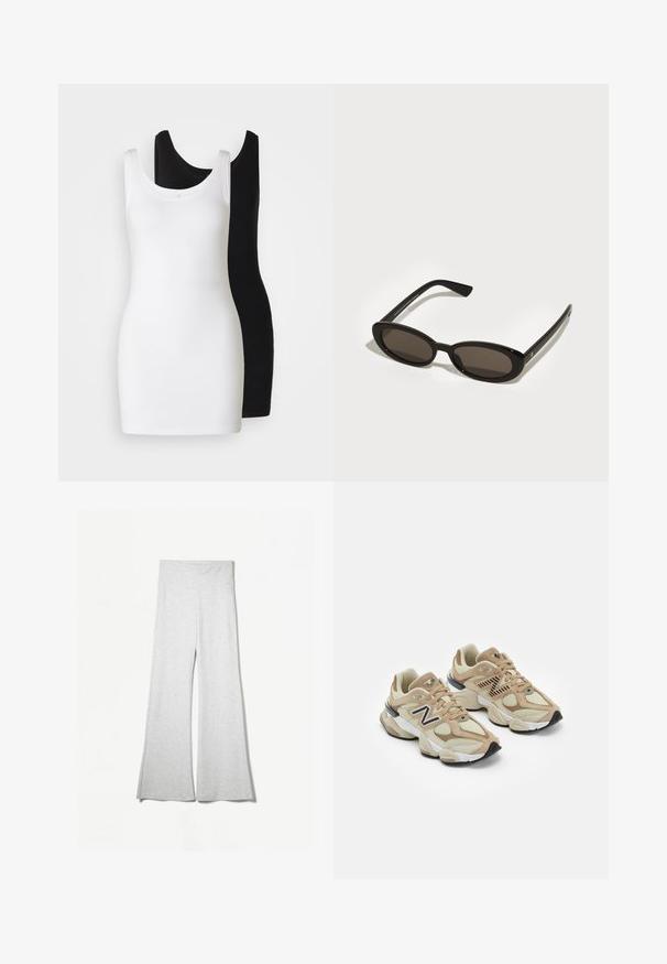 Hvid faux fur cropped jakke med en bred krave, lange ærmer og tekstureret overflade; har en skjult frontlukning og blød foering.; To slevet tanktoppe: én hvid og én sort, lavet af blødt, strækbart stof med en rund halsudskæring og tætsiddende design.; Lys grå brede bukser lavet af blødt stof, med en højtalje og sideslidser for ekstra bevægelse og komfort.; Beige sneakers med mesh og suede materialer. Har et sort logo og teksturerede accenter. Tyk hvid mellemsål og sort gummisål.; Sorte solbriller med ovale, semi-besluttede linser. Glansfulde stel og slanke arme. Mørkt tonede linser med minimale hardwaredetaljer.