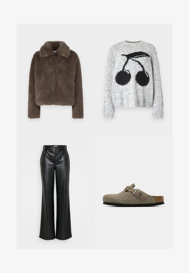 Brun faux fur cropped jakke med en blød, tekstureret finish, der har en kravehals og lange ærmer, designet med en moderne silhuet.; Noisy May NMSUTTON CHERRY - Striktrøje - light grey melange; ONLY Tall ONLSMOOTH WIDE - Bukser - black; Suede træsko i lys olivengrøn med en formet kork- og gummisål. Har en side rem med en metal spænde og en rund tå.