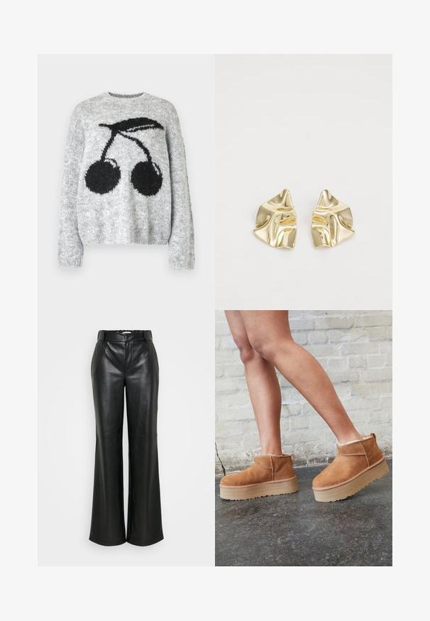 Brun fuskpäls kort jacka med en mjuk, texturerad yta, med krage och långa ärmar, utformad med en modern silhuett.; Noisy May NMSUTTON CHERRY - Stickad tröja - light grey melange; ONLY Tall ONLSMOOTH WIDE - Tygbyxor - black; Bruna mocka ankelskor med en fluffig foder, tjock beige plattformssula och en dragflik bak. Texturerad yta med synliga sömdetaljer.; Guldmetallörhängen med en vågig design; slät, reflekterande yta; asymmetrisk form; inga synliga mönster eller hårdvara.