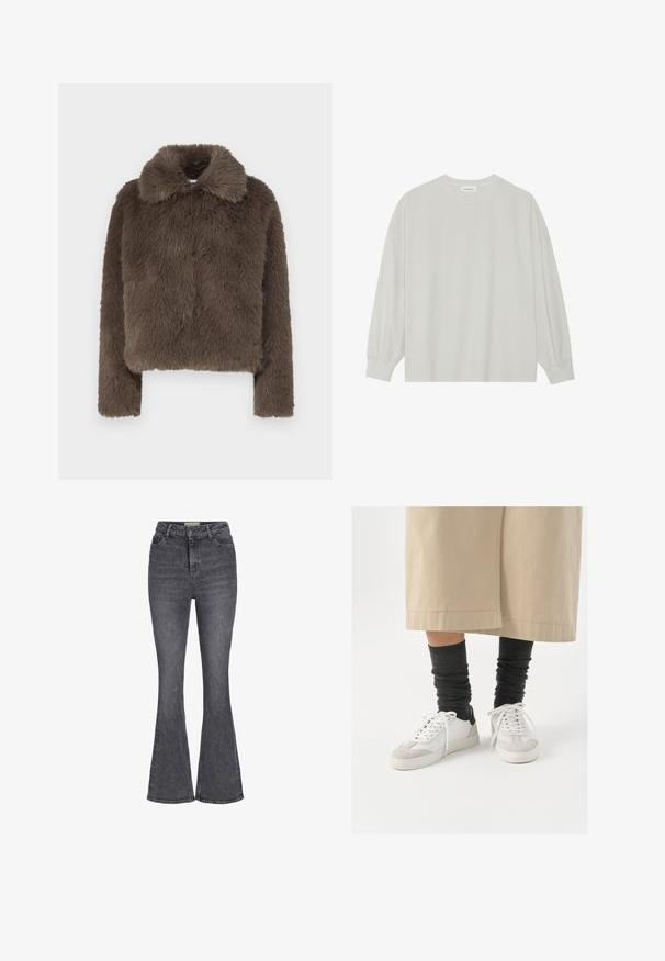 Καφέ ψεύτικο γούνινο κοντό μπουφάν με απαλή, υφή, που διαθέτει γιακά και μακριά μανίκια, σχεδιασμένο με μοντέρνα σιλουέτα.; Ανοιχτό γκρι μακρυμάνικη μπλούζα φτιαγμένη από μαλακό βαμβάκι. Έχει χαλαρή εφαρμογή, στρογγυλή λαιμόκοψη και ελαφρώς συγκεντρωμένα μανίκια. Χωρίς σχέδια ή γραφικά.; Υψηλοί φλαγκωτοί τζιν παντελόνια από σκούρο γκρι τζιν, με κλασικό σχέδιο πέντε τσέπες, κούμπωμα με κουμπί και ελαφριά λεπτομέρεια στο ξεθώριασμα.; Λευκά και γκρίζα αθλητικά παπούτσια με μαύρη έμφαση στη φτέρνα, με λείο δέρμα στην επάνω πλευρά και υφή σουέντ στη μύτη. Φορεμένα με σκούρες γκρίζες κάλτσες.