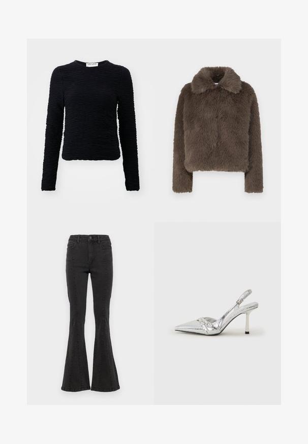 Jachetă scurtă din blană sintetică maro, cu un finisaj moale și texturat, având un guler și mâneci lungi, concepută cu o siluetă modernă.; Top negru cu mânecă lungă, realizat dintr-un material texturat cu un design creponat, având un guler rotund și o margine care se află la nivelul taliei.; Jeans din denim negru, cu talie înaltă și fason evazat, având cusături laterale și un finisaj curat la tiv. Materialul are o textură netedă și ușor elastică.; Pantofii cu toc înalt, argintii, cu vârf ascuțit, finisaj metallic, două curele decorative și un toc subțire cu vârful negru.