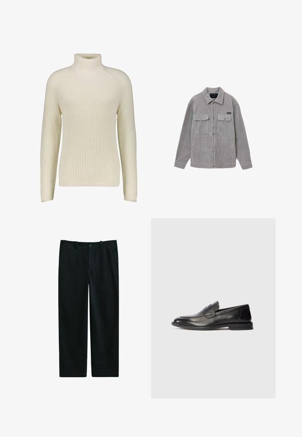 Harmaa corduroy-paitajakku, jossa on kaulus, kaksi etutaskua kannella, läpännappi-kiinnitys ja pitkät hihat. Sisältää teksturoituja pystysuoria raidoituksia.; DRYKORN ARVID - Neule - offwhite; Mustat housut, joissa on sileä kangas, muotoinen istuvuus, nappisuljenta, vyölenkit ja sivutaskut; suoralahkeinen muotoilu.; Musta nahkakengät miehille, joissa on matala korko ja vaakasuuntainen yksityiskohta ylhäällä, esitetty sivuprofiilista valkoista taustaa vasten.