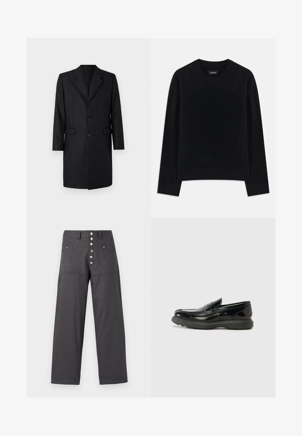 Cappotto nero su misura con revers a punta, due tasche frontali, design monopetto e tre bottoni. Tessuto liscio con una finitura di alta qualità.; Maglione nero in morbido tessuto, con scollo rotondo, maniche lunghe, vestibilità rilassata e orlo a coste. Design semplice e uniforme, senza motivi.; Pantaloni larghi grigi realizzati in tessuto leggero, con chiusura a bottone a cinque bottoni metallici e due tasche frontali.; Mocassino in pelle nera con finitura lucida, punta arrotondata, dettagli di cucitura sottili e suola in gomma spessa per una maggiore durata.