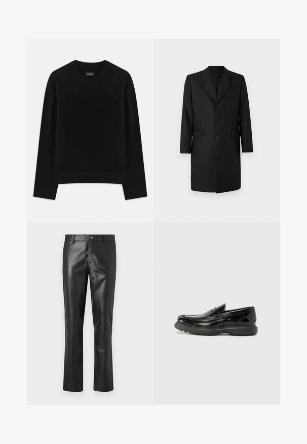 Must mustriba jope, millel on sakiline krae, kaks esikotti, ühekordne disain ja kolm nuppu. Sile kangas kvaliteetse viimistlusega.; Must have pehmeast kangast kampsun, mis on musta värvi, ümar kaelus, pikad varrukad, lõdva istuvusega ja soonikkoes ääristusega. Lihtne, ühtlane disain ilma mustriteta.; Mustad nahkpüksid suju pinnaga, sirge säärega disain ja peen õmblus õmbluste ümber. Omab nupuga kinnitust vöökoht. ; Must musta nahk loafer läikiva viimistlusega, ümar varvas, delikaatsed õmblusdetailid ja paks kummist tallad vastupidavuse tagamiseks.