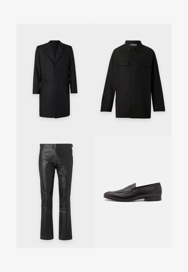 Melnas piegrieztas mētelis ar iegrieztu apkakli, divām priekšējām kabatām, vienkāršas pogas dizainu un trim pogām. Gluda auduma virsma ar augstas kvalitātes apdari.; Melns krekls ar uzdāvinājuma apkakli, garām piedurknēm, divām krūšu kabatām ar atloki un taisnu apakšmalu. Izgatavots no gludas auduma.; Melni ādas bikses ar taisnu kāju dizainu, kas ietver džinsu kabatas, ceļa plāksterus un regulējamas jostas detaļas. Gluda tekstūra.; Melnas ādas loafers ar elegantu dizainu, noapaļotu purngalu un zemu kaudzes papēdi. Iezīmē dekoratīvu diega šuvumu augšējā daļā.