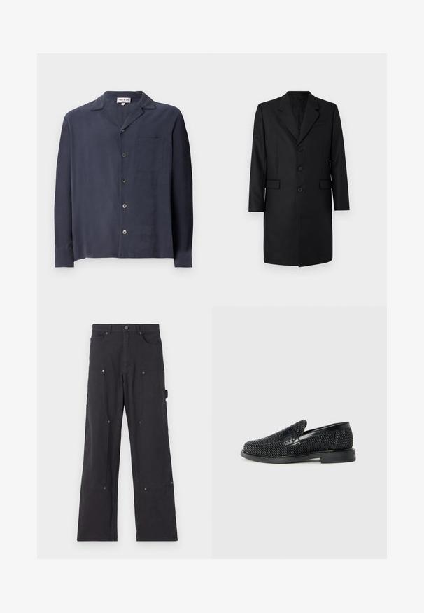 Černý sakový kabát s klopovým límcem, dvěma předními kapsami, jednoduše zapínaný na knoflíky a třemi knoflíky. Hladká tkanina s prvotřídním povrchem.; Tmavě modrá košile na knoflík vyrobená z hladké tkaniny, s límečkem, dlouhými rukávy, náprsní kapsou a knoflíky ve stříbrném odstínu.; Černé cargo kalhoty vyrobené z odolného materiálu se střihem rovného nohavicí, vyznačující se předními kapsami, patentkami a bočními kapsami pro užitek.; Černé pletené nazouvací boty s hladkým koženým akcentem na svršku, kulatou špičkou a nízkoprofilovou gumovou podrážkou.