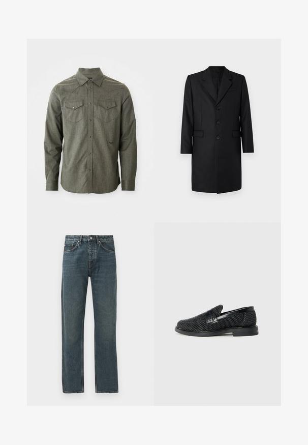 Cappotto nero su misura con revers a punta, due tasche frontali, design monopetto e tre bottoni. Tessuto liscio con una finitura di alta qualità.; Camicia verde a maniche lunghe con bottoni, realizzata in tessuto testurizzato. Presenta due taschini sul petto e un colletto a punta con dettagli a yoke in stile western.; Jeans in denim blu scuro con design a gamba dritta, dotati di cinque tasche, chiusura a bottone e dettagli di cucitura a contrasto.; Scarpa nera a mocassino intrecciata con un accentuato in pelle liscia sulla parte superiore, design a punta rotonda e suola in gomma a profilo basso.