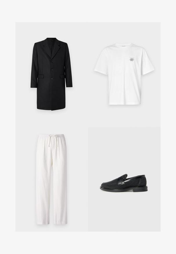 Cappotto nero su misura con revers a punta, due tasche frontali, design monopetto e tre bottoni. Tessuto liscio con una finitura di alta qualità.; T-shirt bianca in cotone con maniche corte, colletto tondo e un piccolo logo grigio nella zona sinistra del petto. Texture liscia.; Pantaloni bianchi leggeri con vita elastica e cordino. Design a gamba dritta con superficie liscia. Senza motivi o dettagli.; Scarpa nera a mocassino intrecciata con un accentuato in pelle liscia sulla parte superiore, design a punta rotonda e suola in gomma a profilo basso.