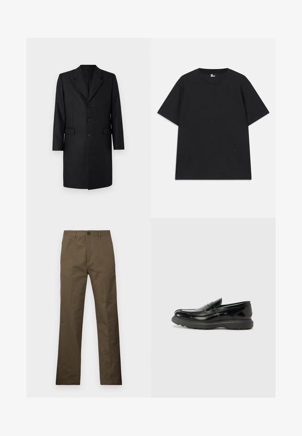 Juodas pritaikytas paltas su notch tipo apykakle, dviem priekinėmis kišenėmis, vieno mygtuko dizainu ir trimis mygtukais. Lygus audinys su aukštos kokybės apdaila.; Juoda trumpomis rankovėmis marškinėliai iš medvilnės, su apvalia iškirpte ir mažo logo detale šalia apatinės siūlės. Lygus paviršius, standartinė silueto forma.; Rudi medvilniniai kelnių su tiesiais kirpimu, su sagos uždarymu ir šoninėmis kišenėmis, demonstruojami prieš baltą fono.; Juodas odinis loaferis su blizgiu paviršiumi, apvaliu pirštu, subtiliais siūlių detalėmis ir storu guminio pado, užtikrinančio ilgaamžiškumą.