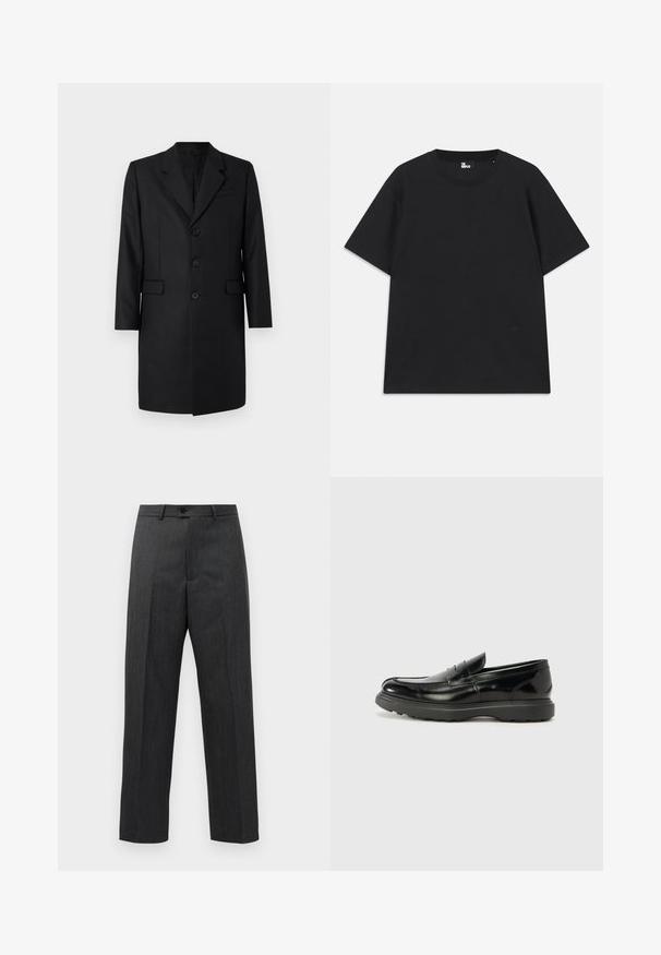 Czarny dopasowany płaszcz z klapami, dwoma przednimi kieszeniami, jednorzędowym zapięciem i trzema guzikami. Gładki materiał o wysokiej jakości wykończenia.; Czarna koszulka z krótkim rękawem wykonana z bawełny, z okrągłym dekoltem i małym detalem logo blisko dolnej krawędzi. Gładka faktura, standardowy krój.; Ciemnoszare formalne spodnie z zakładkami z przodu, z pętelkami na pasek i zapięciem na guzik w talii, wyeksponowane na jednolitym białym tle.; Czarne skórzane mokasyny o błyszczącym wykończeniu, zaokrąglonym nosku, subtelnych detalach szycia i grubym gumowym spodzie dla trwałości.