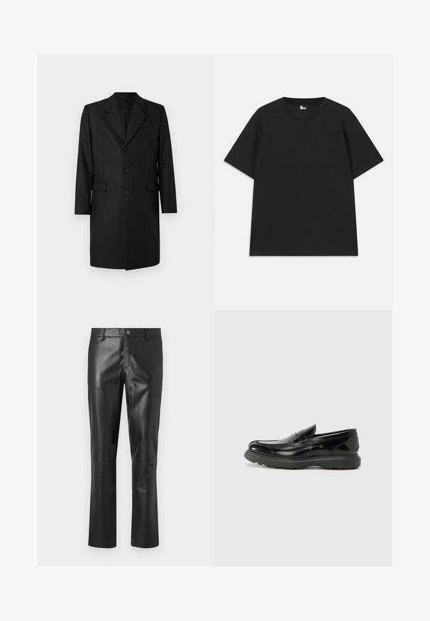 Zwart op maat gemaakte jas met een notch-revers, twee voorkanten zakken, een enkelsluiter ontwerp en drie knopen. Glad materiaal met een premium afwerking.; Zwart kortebril T-shirt van katoen, met een ronde hals en een klein logo detail near de zoom. Gladde textuur, normale pasvorm.; Zwarte leren broeken met een gladde textuur, recht model en subtiele stiksel langs de naden. Voorzien van een knoopsluiting in de taille.; Zwarte leren instapper met een glanzende afwerking, een ronde neus, subtiele stiksels en een dikke rubberen zool voor duurzaamheid.