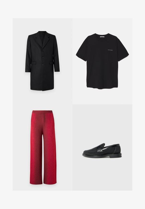 Must mustriba jope, millel on sakiline krae, kaks esikotti, ühekordne disain ja kolm nuppu. Sile kangas kvaliteetse viimistlusega.; Must musta T-särk, ümar kaelus, lühikesed varrukad ja valge logo trükk vasakul rinnal. Lihtne, ühtlane värvitoon.; Punased laiad püksid tekstuursetest kangast kõrge vöökohtaga. Omavad küljetaskuid ja siledat viimistlust, näidates gradatsiooniefekti.; Must musta kootud slip-on king, millel on pehme nahast accent ülaserval, ümmargune varvas ja madal profiiliga kummitald.