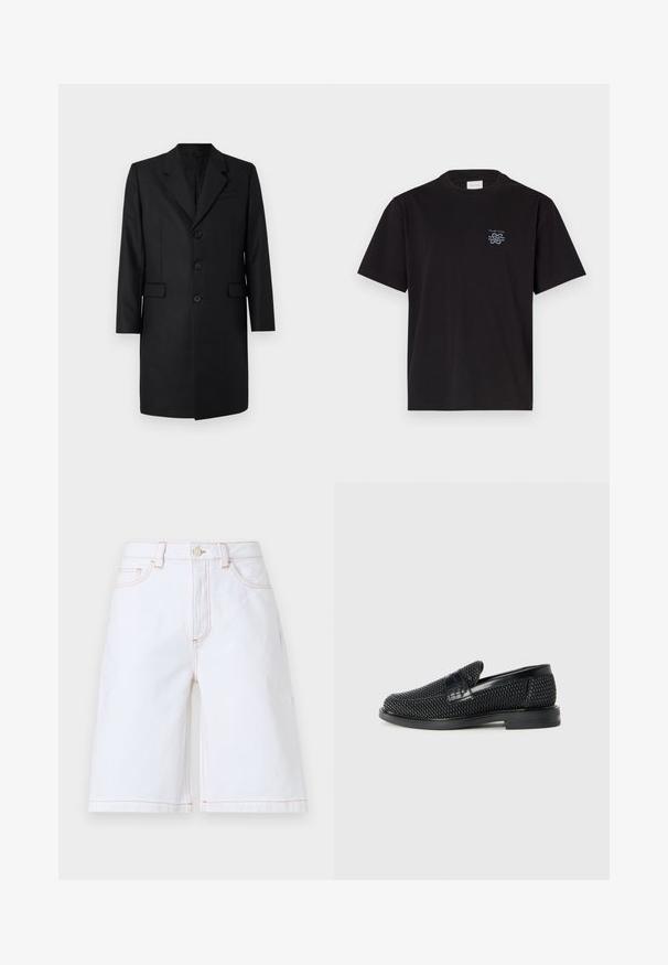 Abrigo negro a medida con solapa de muesca, dos bolsillos frontales, diseño de un solo botón y tres botones. Tejido suave con un acabado de primera calidad.; Camiseta de algodón negra con cuello redondo y mangas cortas. Presenta un pequeño logo azul en el lado izquierdo del pecho. Diseño simple y de corte recto.; Bermudas de mezclilla blanca con corte recto, cinco bolsillos y costuras en color tostado contrastante. Incluye un cierre frontal con botón y cremallera.; Zapato negro de tejido con un acento de cuero suave en la parte superior, diseño de punta redonda y suela de goma de perfil bajo.
