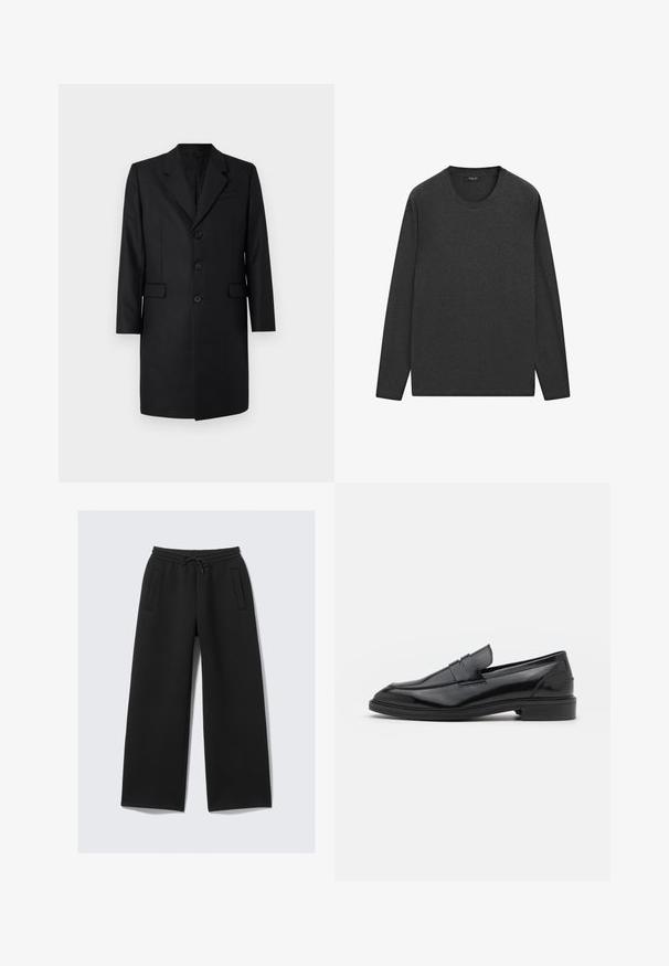 Schwarzer, taillierter Mantel mit Schalkragen, zwei Fronttaschen, einreihigem Design und drei Knöpfen. Glattes Material mit hochwertiger Verarbeitung.; Langärmliges Shirt aus dunkelgrauer Baumwolle. Verfügt über einen Rundhalsausschnitt und einen schlichten, geraden Schnitt ohne Muster oder Akzente.; Schwarze weite Sweatpants mit elastischem Bund und Kordelzug, ausgestattet mit zwei vertikalen Einschubtaschen auf der Vorderseite.; Schwarze Lederloafers mit glatter Oberfläche, runder Spitze und schmalem Riemen über dem Obermaterial. Niedriger, gestapelter Absatz.