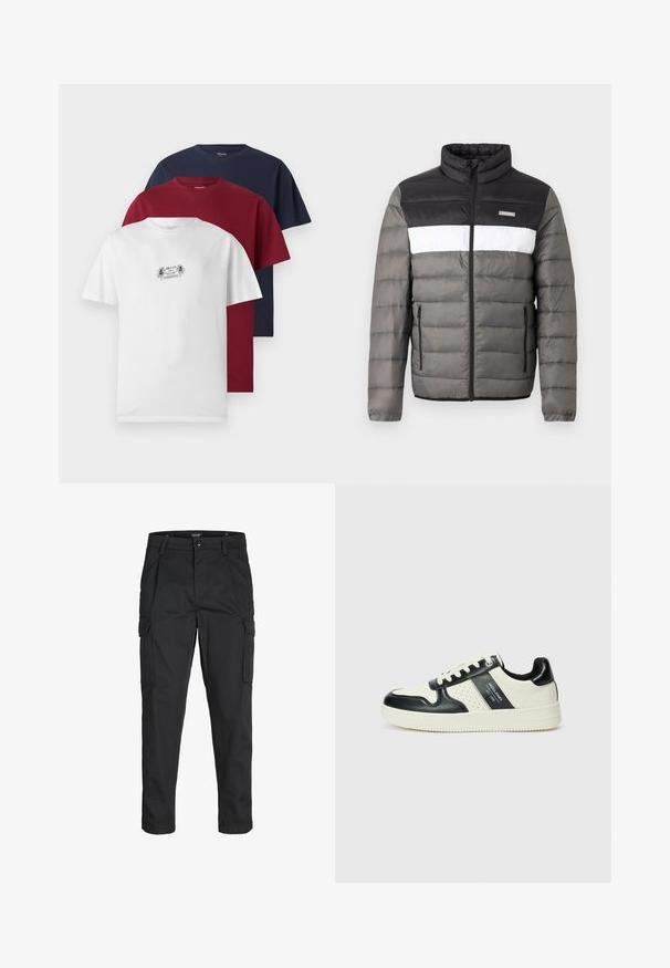 Puffer jacket in black, white, and gray. Features a stand collar, front zip, and vertical pockets. Textured sections with quilted pattern.; Three short-sleeve t-shirts in white, burgundy, and navy. Each features a crew neck and soft cotton fabric, with the white shirt displaying a small graphic.; Black cargo pants made of sturdy fabric, featuring multiple pockets, a button closure, and a slim fit design with tapered legs.; Leather sneakers with a black and cream color scheme, featuring perforated accents, a padded collar, and a textured outsole.