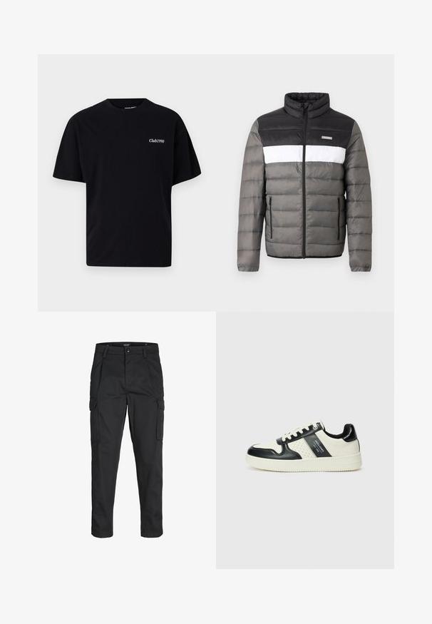 Puhasta jakna v črni, beli in sivi barvi. Ima stoječi ovratnik, sprednji zip in vertikalne žepke. Teksturne sekcije z oblazinjenim vzorcem.; Črna bombažna majica s kratkimi rokavi in okroglim ovratnikom. Na levem prsnem predelu je bel napis "Club1990". Preprost, brez okrasitev.; Črne cargo hlače iz trdnega blaga, ki imajo več žepov, gumbasto zapiranje in ozek kroj z zožanimi nogami.; Usnjeni športni čevlji z črno in krem barvno shemo, ki vključujejo perforirane dodatke, podložen ovratnik in strukturirano podplat.