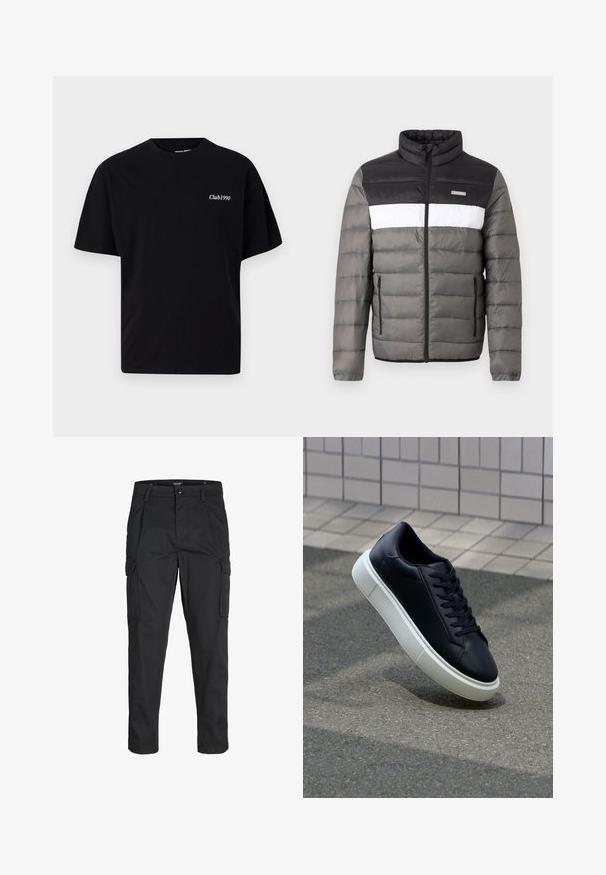 Puffer-takki mustassa, valkoisessa ja harmaassa. Varustettu korkea kaulus, etuvetoketju ja pystysuorat taskut. Teksturoitu alue, jossa on tikattu kuvio.; Musta puuvillapaita, jossa on pyöreä kaula-aukko ja lyhyet hihat. Vasemmassa rinnan kohdassa on valkoinen teksti "Club1990". Yksinkertainen, koristelematon muotoilu.; Mustat cargo-housut, jotka on valmistettu kestävästä kankaasta. Housuissa on useita taskuja, nappisulku ja kapea istuvuus, jossa on kapenevat lahkeet.; Mustat nahkakengät, joissa on pyöristetty kärki ja valkoinen kumipohja. Varusteena litteät nauhat ja minimaalinen ommel ylhäällä. Teksturoitu pohja pitävyyden lisäämiseksi.