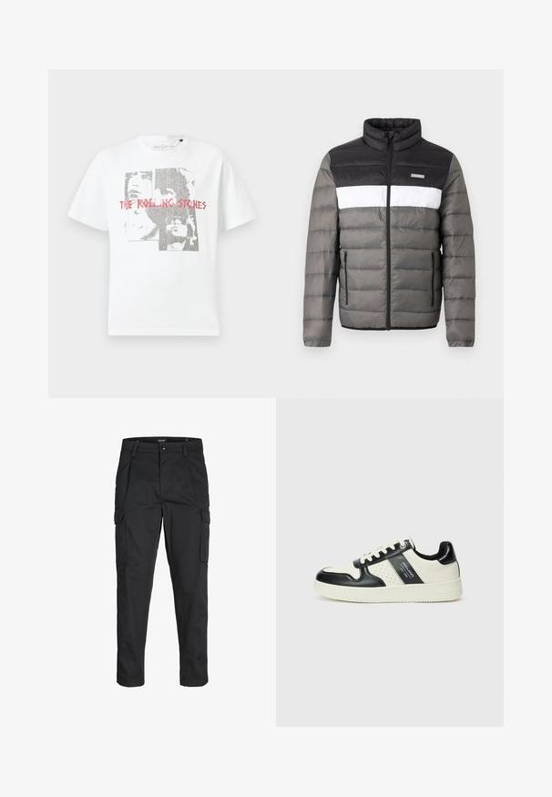 Puffer-takki mustassa, valkoisessa ja harmaassa. Varustettu korkea kaulus, etuvetoketju ja pystysuorat taskut. Teksturoitu alue, jossa on tikattu kuvio.; Valkoinen puuvillaita vastaava T-paita, jossa on graafinen printti kasvoista ja teksti "THE ROLLING STONES" punaisella. Pyöreä kaula-aukko ja lyhyet hihat.; Mustat cargo-housut, jotka on valmistettu kestävästä kankaasta. Housuissa on useita taskuja, nappisulku ja kapea istuvuus, jossa on kapenevat lahkeet.; Nahkakengät musta-kerma värimaailmassa, joissa on rei'itetyt yksityiskohdat, pehmustettu nilkkaosa ja teksturoitu pohja.